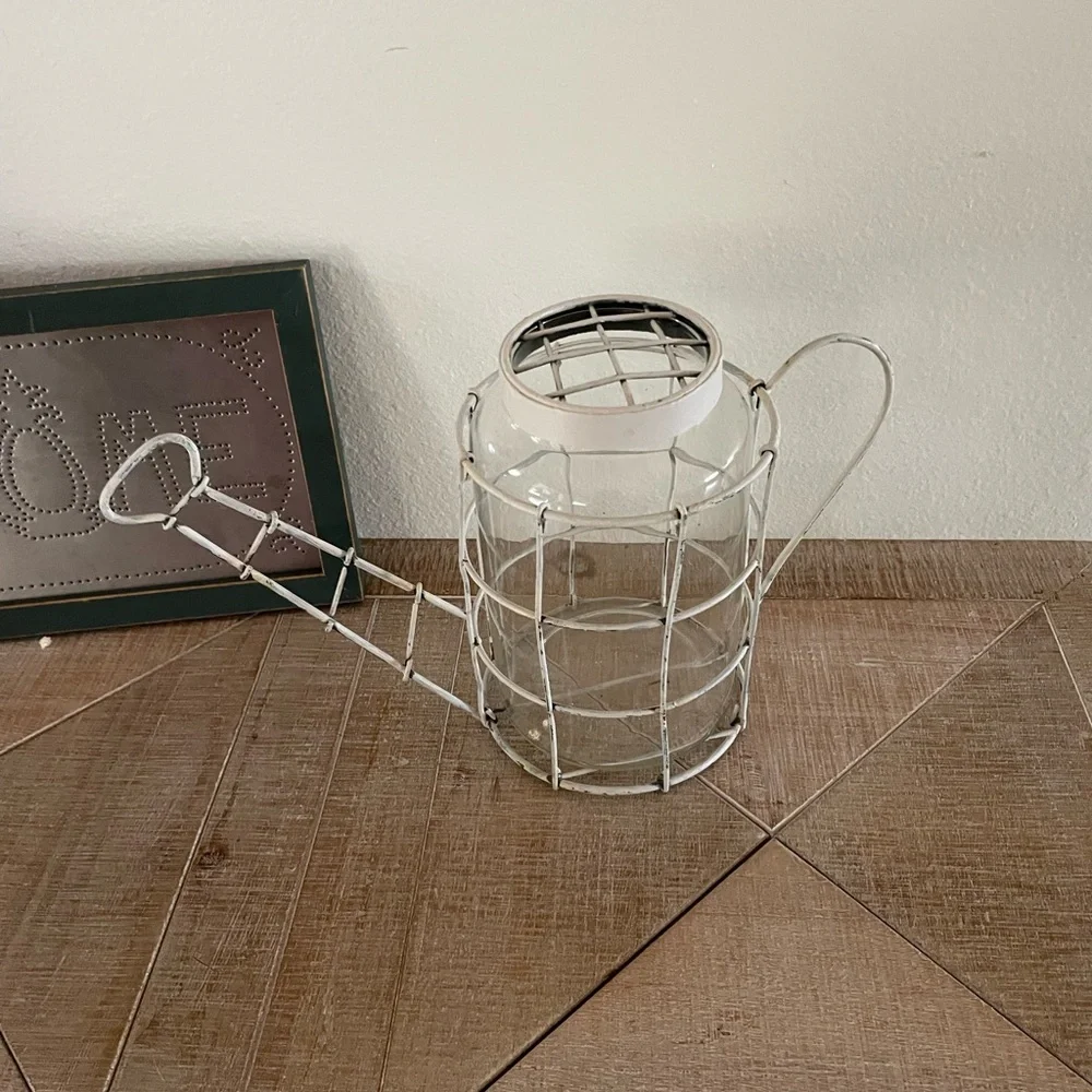 Rustic White Metal and Glass Watering Can - Picture 4 of 8